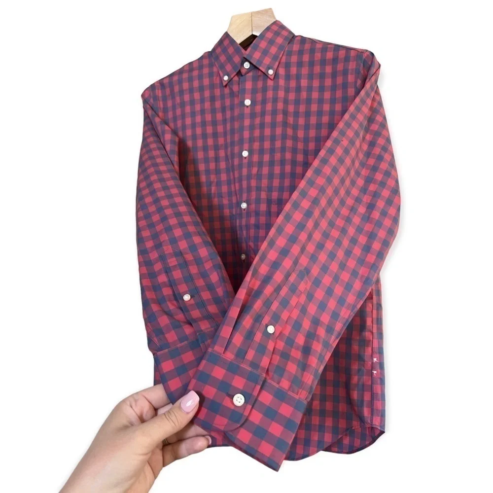 NWOT J.Crew Men’s Blue / Salmon Check Button Front Shirt, Size Small